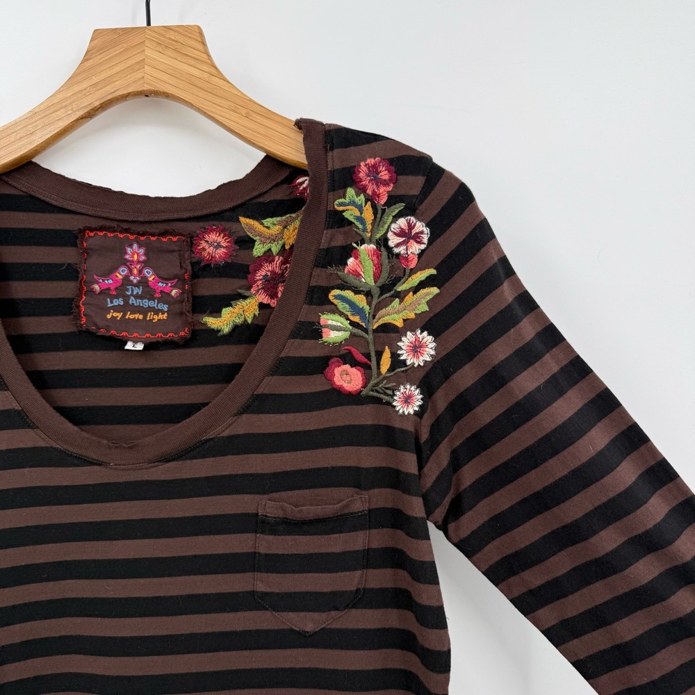 Johnny Was Brown and Black Striped Floral Embroidered Tunic - Picture 5 of 8